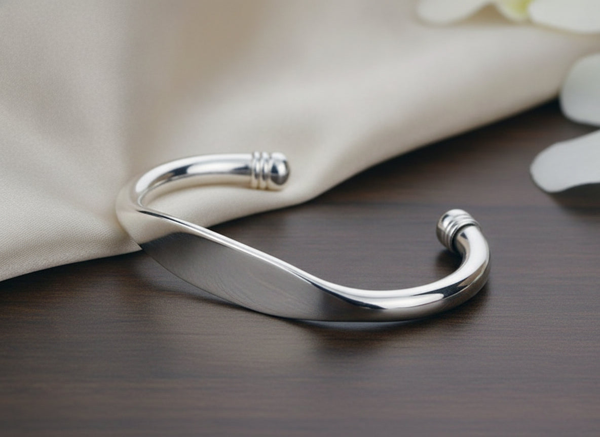 Fashionable 925 Silver Plated Simple Glossy Adjustable Open Cuff Bracelet for Men Women Couples - Image 5