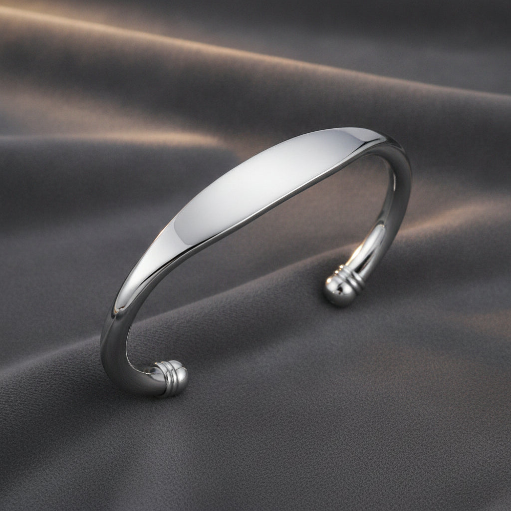 Fashionable 925 Silver Plated Simple Glossy Adjustable Open Cuff Bracelet for Men Women Couples - Image 3