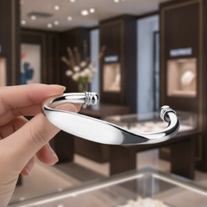 Fashionable 925 Silver Plated Simple Glossy Adjustable Open Cuff Bracelet for Men Women Couples