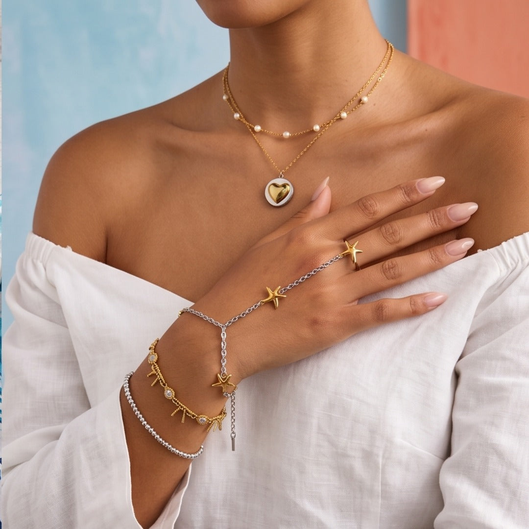 Two-Tone Starfish Finger Chain Slave Bracelet - Light Luxury Gold and Silver Geometric Stainless Steel Hand Chain for Women - Image 3