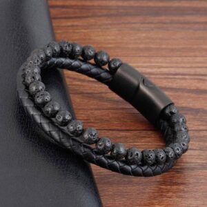 Men's 6mm Volcanic Natural Stone Tigereye Beaded Bracelet Cowhide Leather String