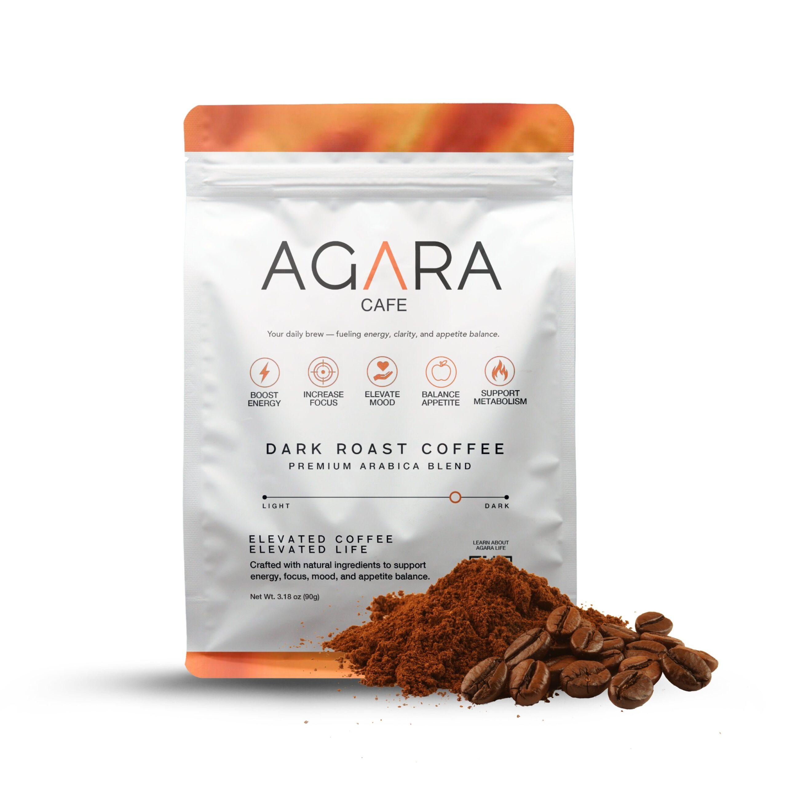 Agara Cafe Premium Dark Roast Ground Coffee (3.18 oz) - Functional Botanical Blend