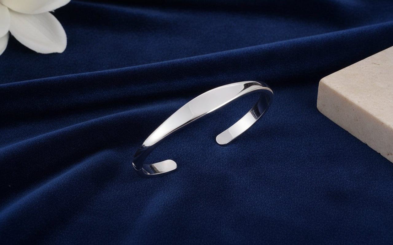 Fashionable 925 Silver Plated Simple Glossy Adjustable Open Cuff Bracelet for Men Women Couples - Image 2